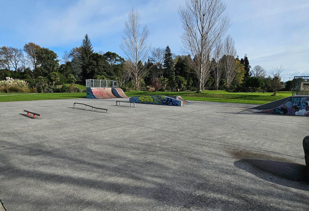 Level concrete skate park featuring metal grind rails and graffiti-covered ramps. Large, flat surface surrounded by green grass and tall trees.