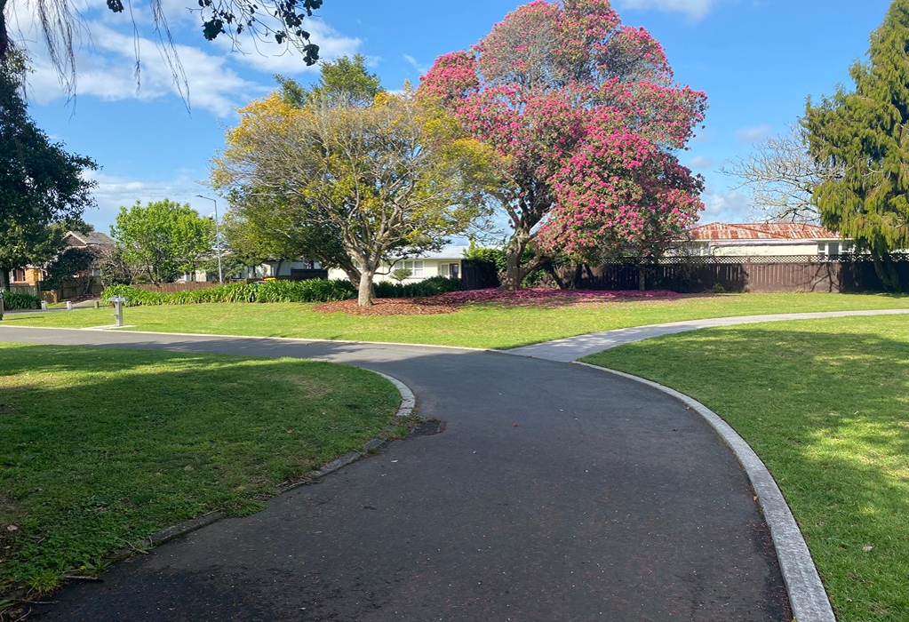 Wide level asphalt pathway with a light grey concrete kerb curves through a park. A secondary smooth concrete path branches off. Flat surfaces with no visible obstructions or steps.