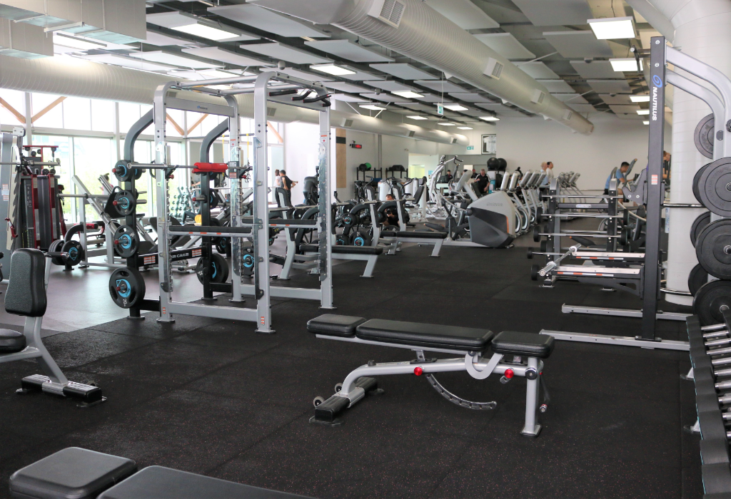 Level black rubberised flooring with wide pathways between equipment. Bright overhead panel lighting and natural light from windows. Open-plan layout with metal exercise machines and benches.
