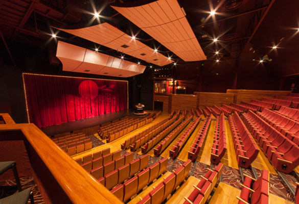 Tiered red seating with wooden frames. Polished timber floors and patterned carpet aisles. Sturdy wooden handrail in foreground. Bright spotlights and large acoustic panels on the ceiling.