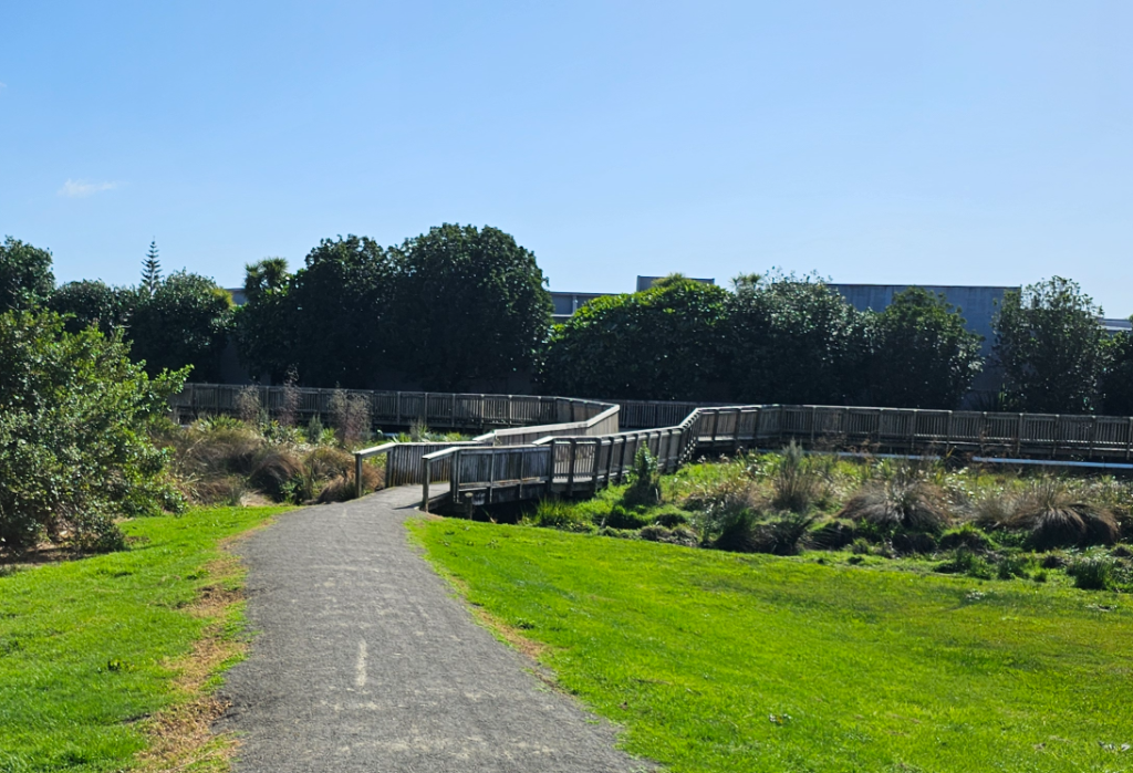 Level grey gravel pathway leads to a timber boardwalk with wooden handrails on both sides. The flat path curves through a grassy park area with shrubs and dense trees.