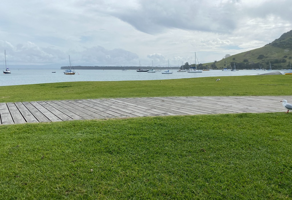 Wide timber boardwalk with weathered grey planks, flush with level green lawn. Pathway leads across parkland towards a bay with moored yachts and a green hill under an overcast sky.