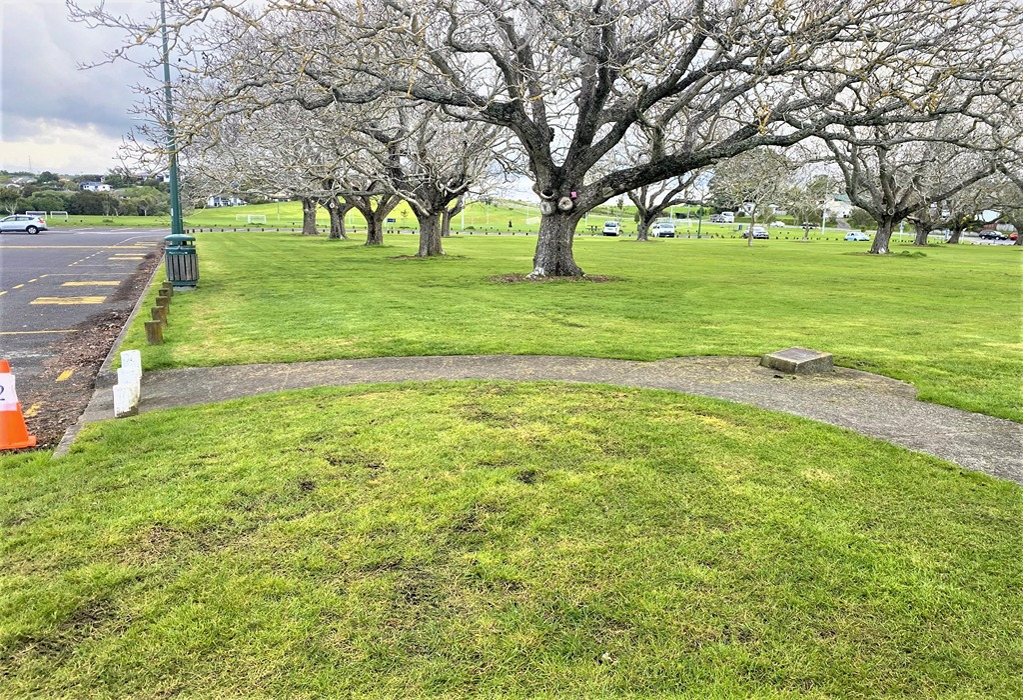 Level, curved concrete path leads from an asphalt car park onto flat grass with large deciduous trees. Short white bollards and an orange traffic cone mark the start of the pathway.