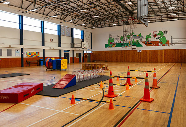 Brightly lit gym with level timber floors. Obstacle course features orange cones, foam ramps and mats. A wooden bench sits against the timber-panelled wall near blue doors.