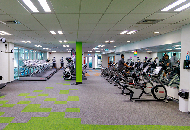 Level grey carpeted floor with green square patterns and wide, clear pathways between gym equipment. Bright overhead lighting, large wall mirrors, and a doorway at the far end.