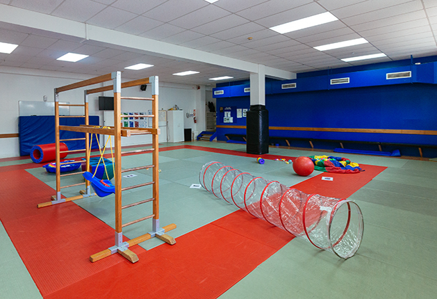 Level floor with red and green foam mats. Features a wooden climbing frame, blue swing, red crawl tunnel, and padded walls. Wide open layout with bright overhead lighting for high visibility.