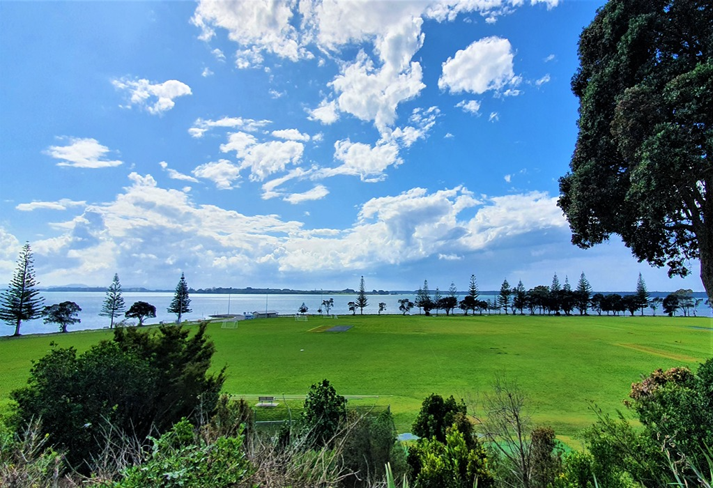 Level green grass field with a cricket pitch, goal posts, and a timber bench seat. A row of tall trees separates the grass from a calm bay under a blue sky with white clouds.