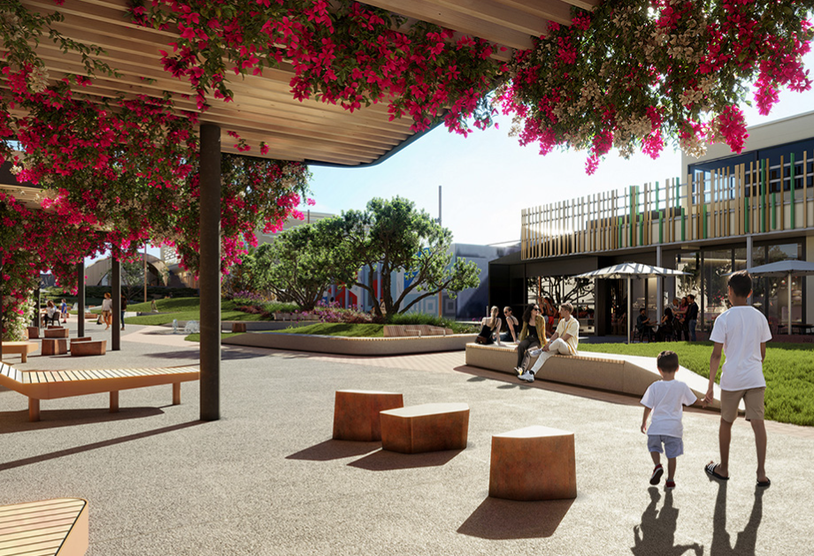Wide, level pebbled pathways in an outdoor plaza with timber benches and low rust-coloured block seats. A timber pergola with pink flowers shades unobstructed level walkways.