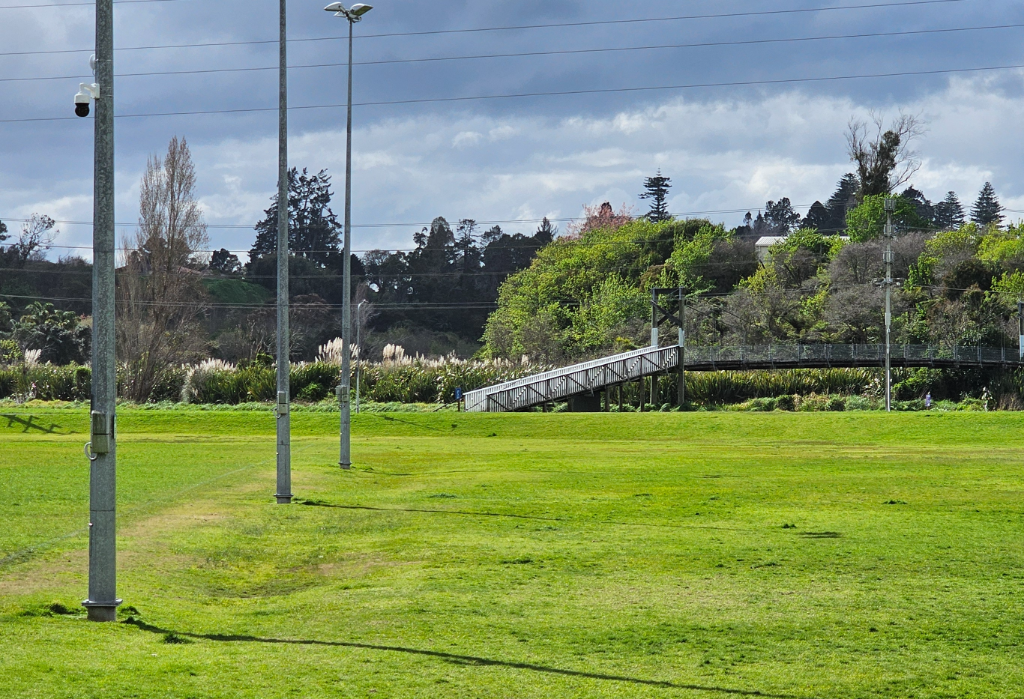 Level green lawn with tall grey poles. A wooden ramp with white handrails slopes up to a dark pedestrian bridge over dense bushes and trees in the background.