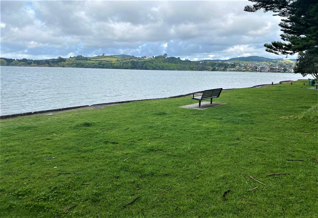 Metal park bench with armrests on a flat concrete pad within a level grassy field. A low concrete ledge separates the grass from the water's edge.