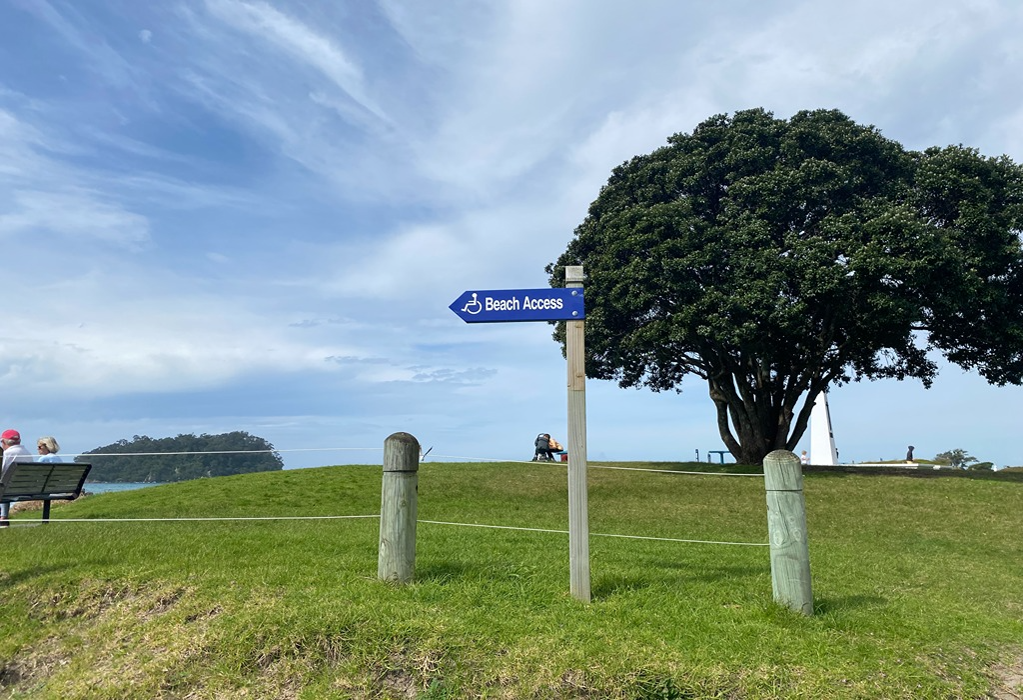 Blue directional sign with white wheelchair symbol and text "Beach Access" pointing left. Mounted on a timber post on a grassy hill beside a large tree and a low rope fence.