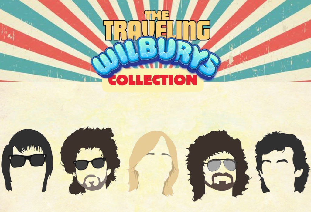The Traveling Wilburys Collection text over a red, blue, and cream sunburst. Below are five minimalist head illustrations with distinct hairstyles and sunglasses on a textured cream background.