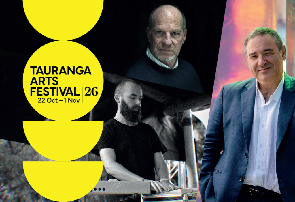 Tauranga Arts Festival 26 poster, 22 Oct–1 Nov. Yellow circular design on left with text. Photos of three men: one at a keyboard, one top centre, and one smiling in a blue blazer on the right.