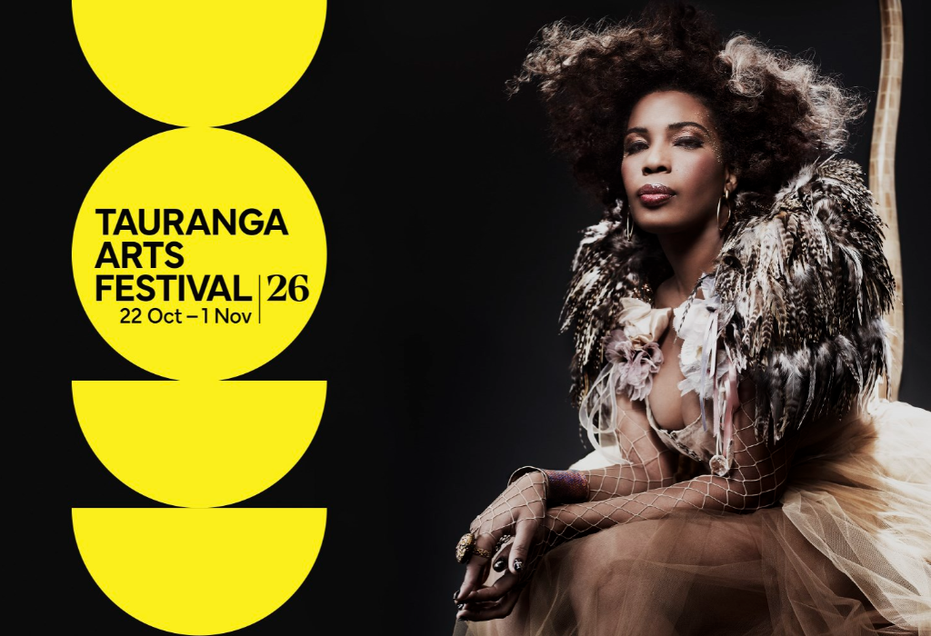 Tauranga Arts Festival poster, 22 Oct – 1 Nov. A woman with voluminous hair in a feathered costume sits beside four yellow circular graphics on a black background.