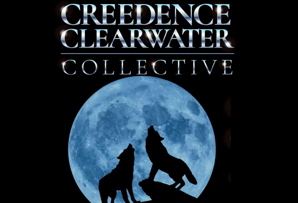 Shiny metallic blue text reads "CREEDENCE CLEARWATER COLLECTIVE". Below, two black wolf silhouettes howl from a dark rocky ledge in front of a large, pale blue moon positioned in the centre.