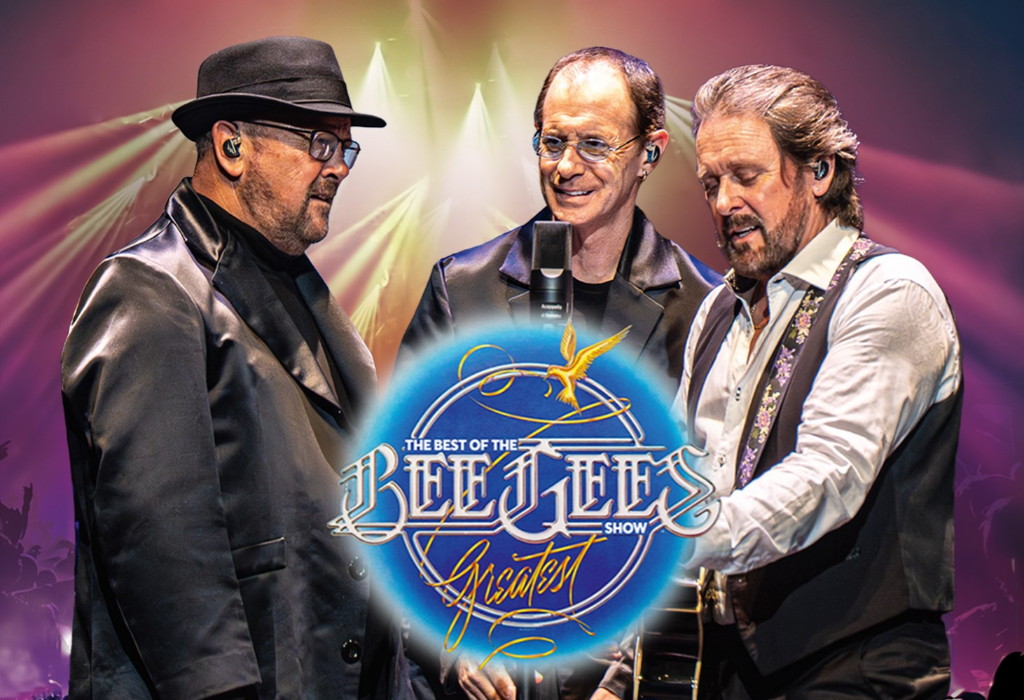 Three performers on stage with pink and purple spotlights. A circular blue logo in the centre with gold script reads 'THE BEST OF THE BEE GEES SHOW Greatest'.