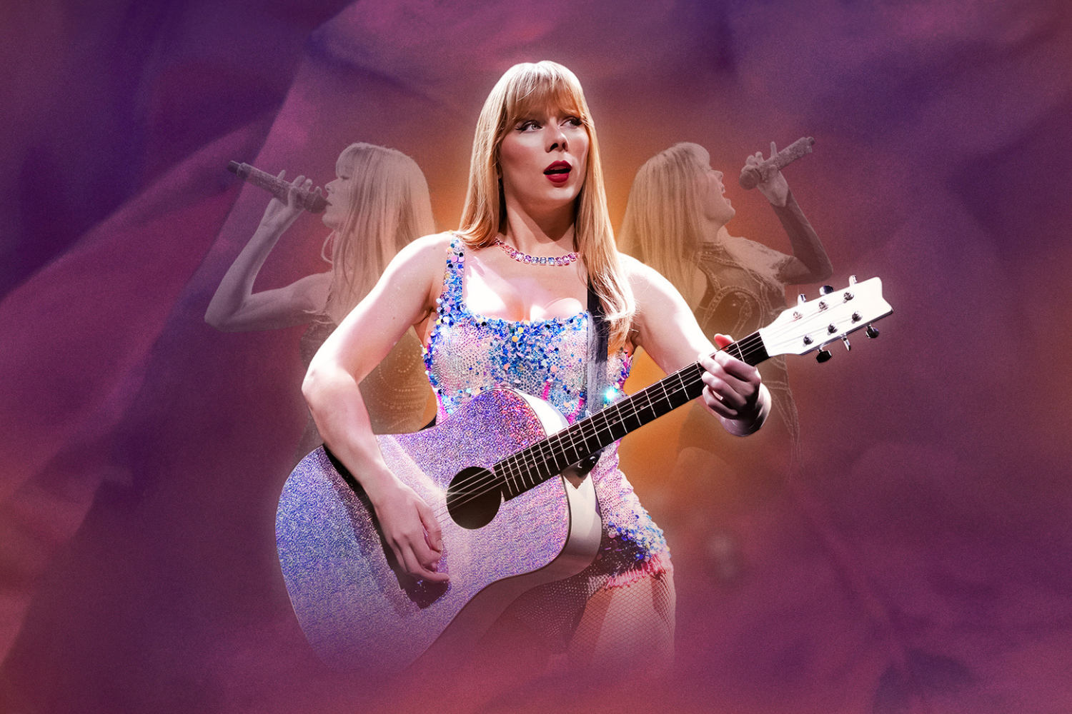 Blonde woman in a multicoloured sequined bodysuit plays a purple glittery guitar. Two faded figures sing in a hazy purple background. Bright stage lighting illuminates the centre.