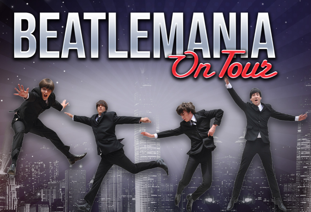 Signage reads BEATLEMANIA in silver and On Tour in red cursive. Four men in black suits jump over a grey city skyline against a purple starry background with radiating light rays.