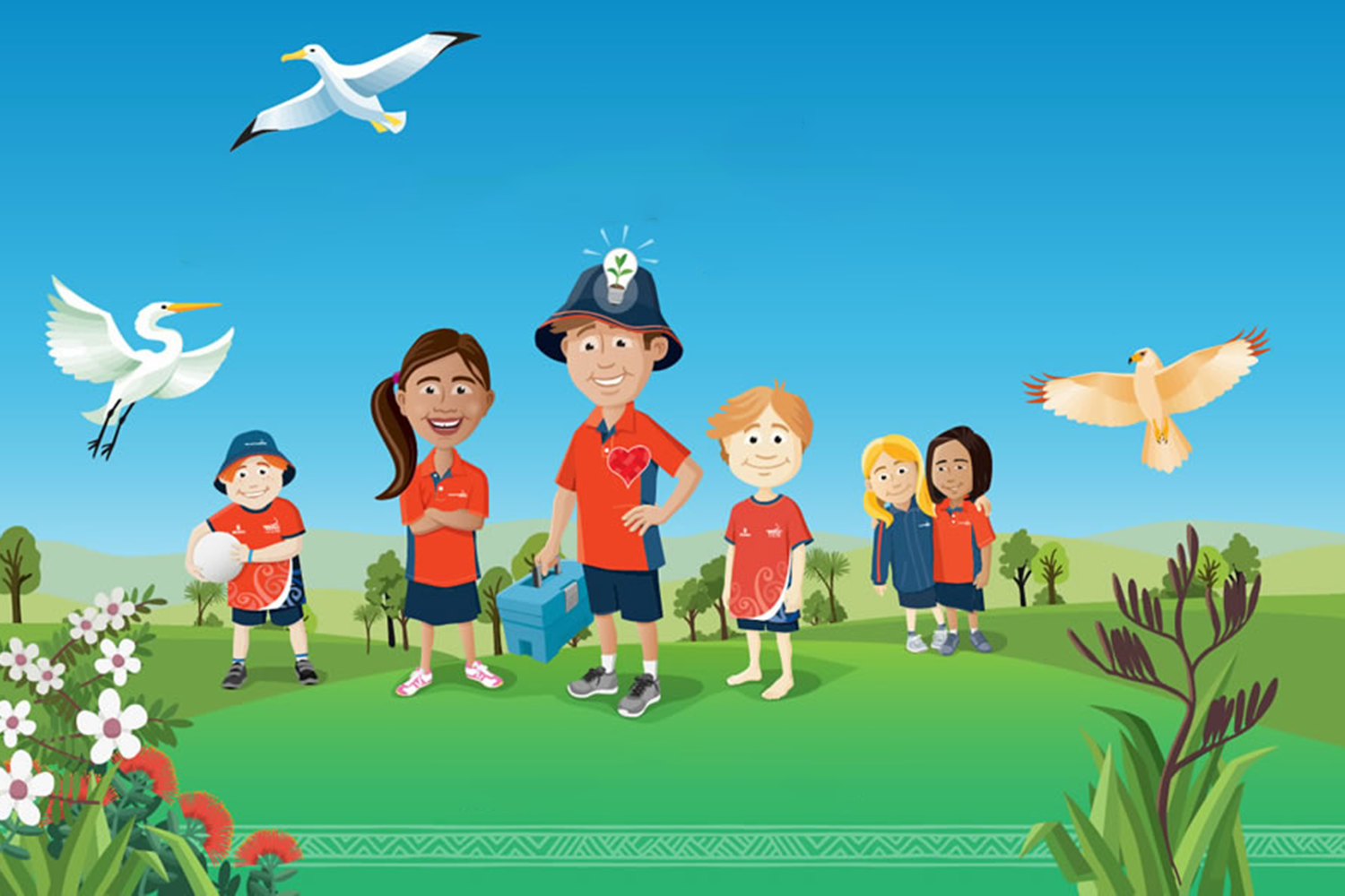 Five diverse children and an adult in red and blue uniforms stand on level green grass. Three birds fly in a clear blue sky. Decorative teal patterned border at the base.