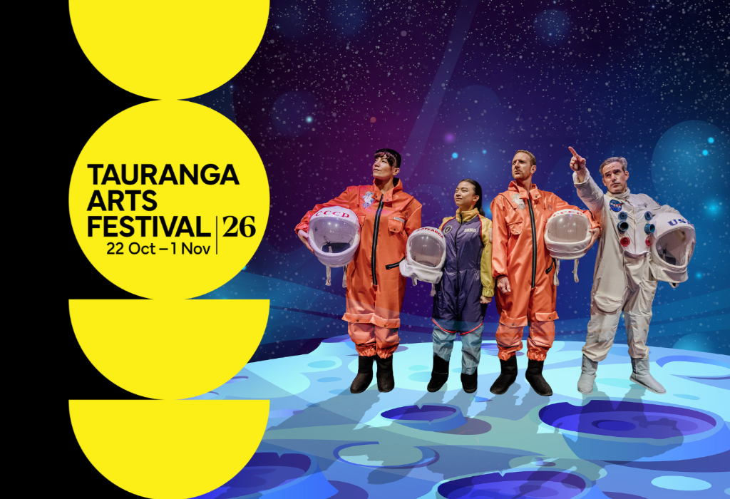 TAURANGA ARTS FESTIVAL 26, 22 Oct – 1 Nov text on yellow circles. Four actors in orange, purple and white spacesuits stand on a blue cratered moon surface under a starry purple sky.