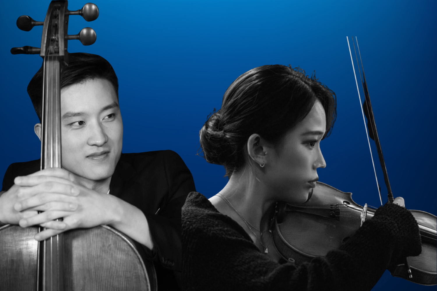 Black and white portrait of a man resting his hands on a cello and a woman in profile holding a violin, set against a solid blue background.