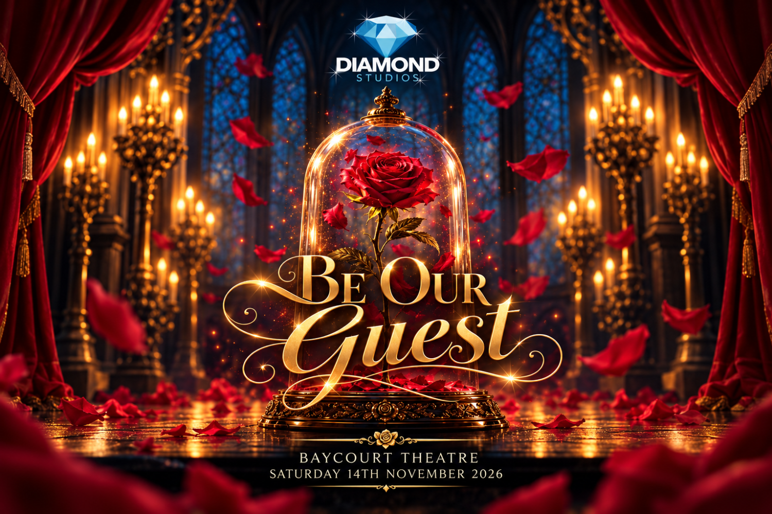 Poster for 'Be Our Guest' at Baycourt Theatre, 14 Nov 2026. A red rose in a glass dome on a level reflective floor, framed by red velvet curtains and ornate candelabras with warm lighting.