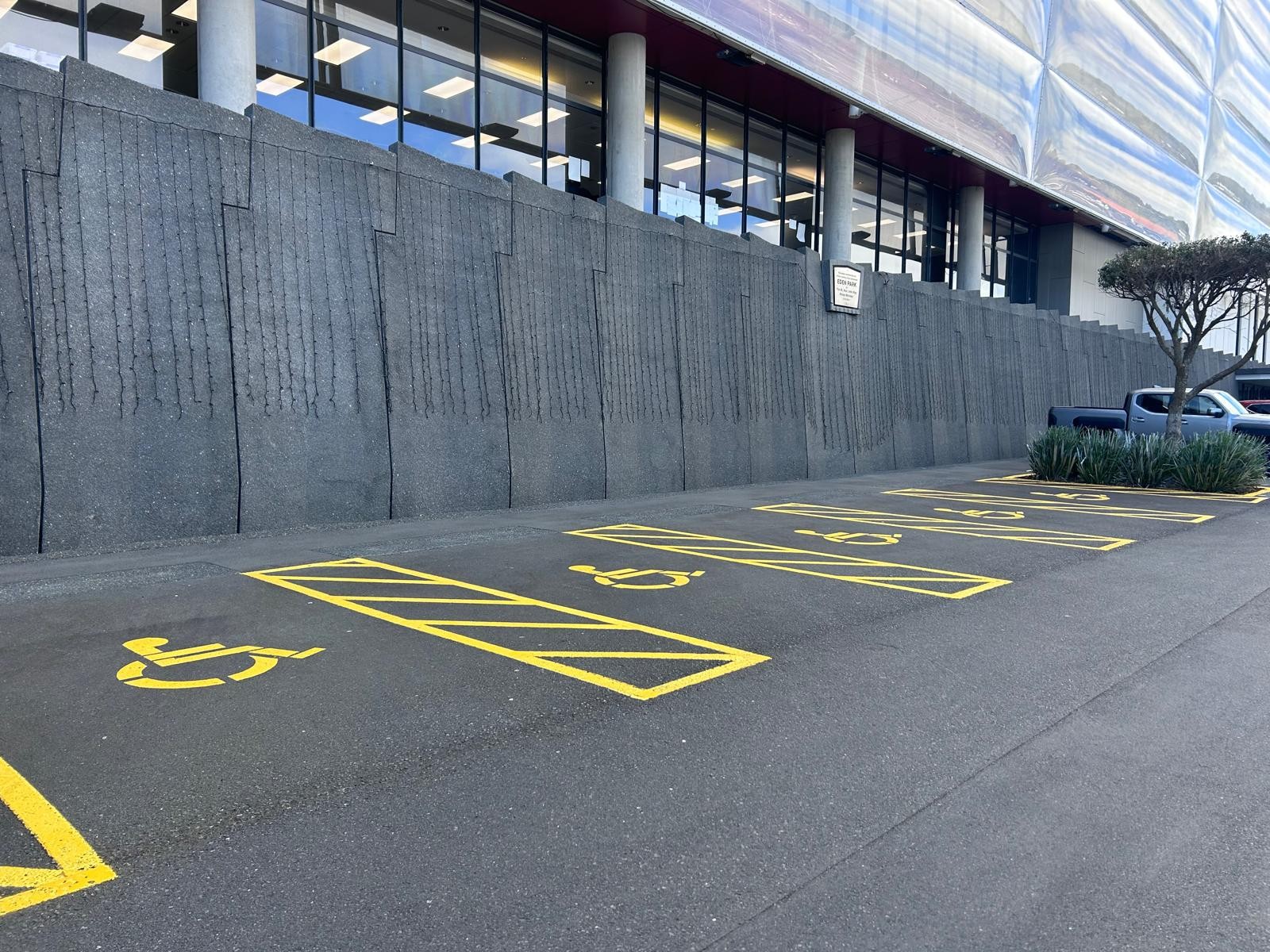 A row of level accessible parking spaces with yellow wheelchair symbols and hatched loading zones on asphalt, next to a high grey textured concrete wall and glass-fronted building.
