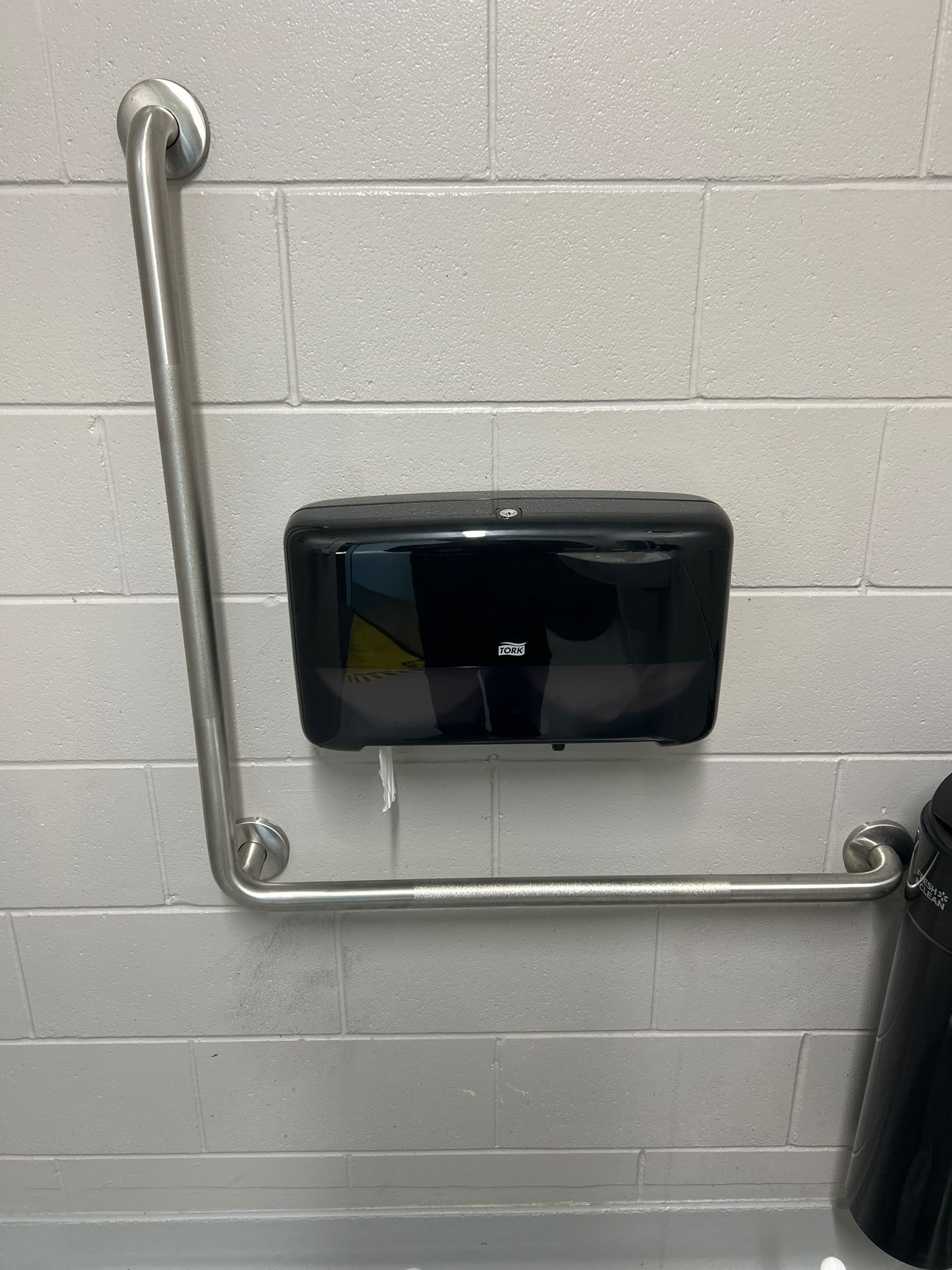 L-shaped stainless steel grab bar on a light grey block wall, framing a black paper dispenser mounted within the corner of the vertical and horizontal sections.
