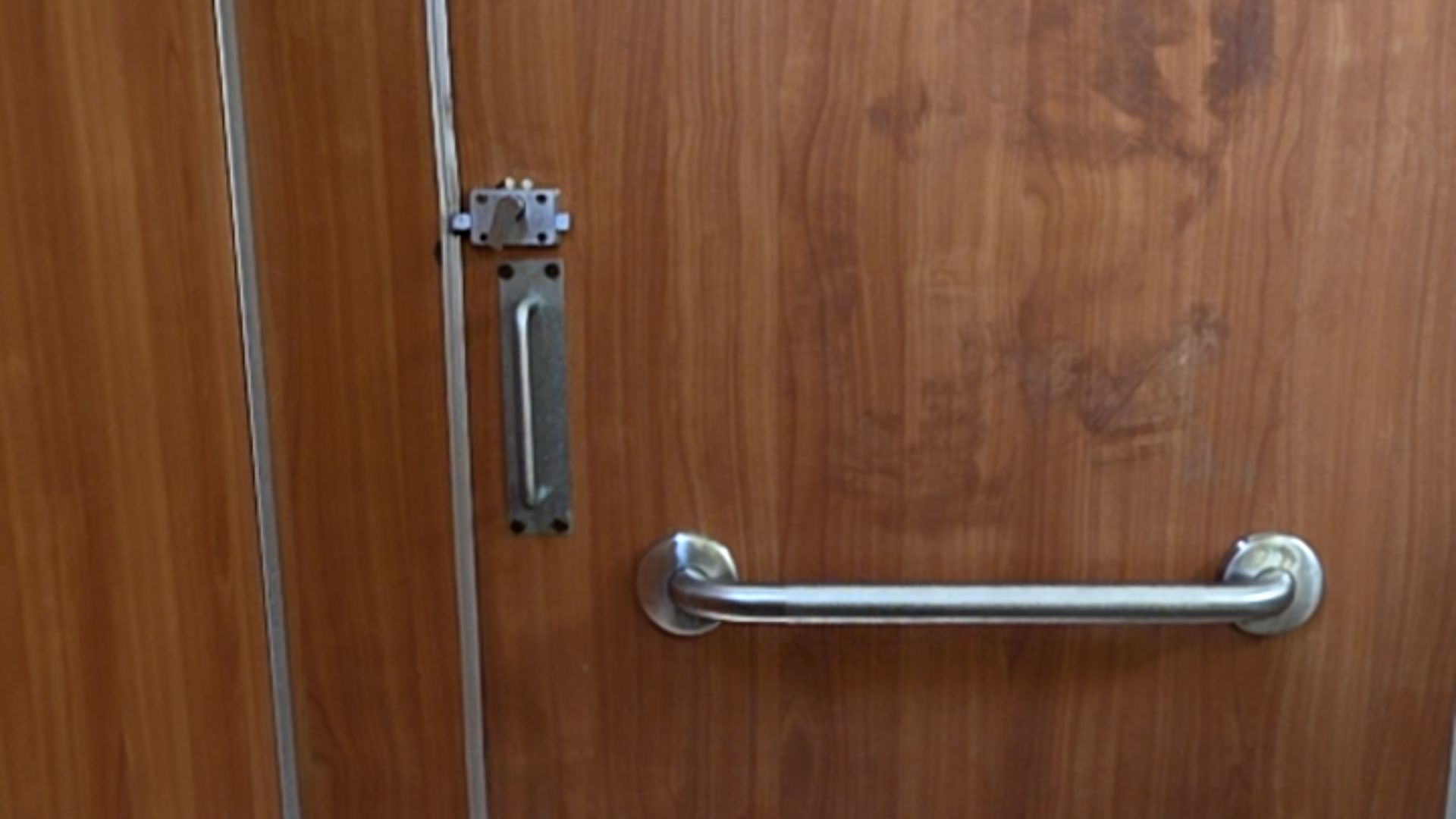 Timber-grain door with silver hardware. Small latch and vertical D-handle on the left. A large horizontal metal grab rail is mounted across the centre.