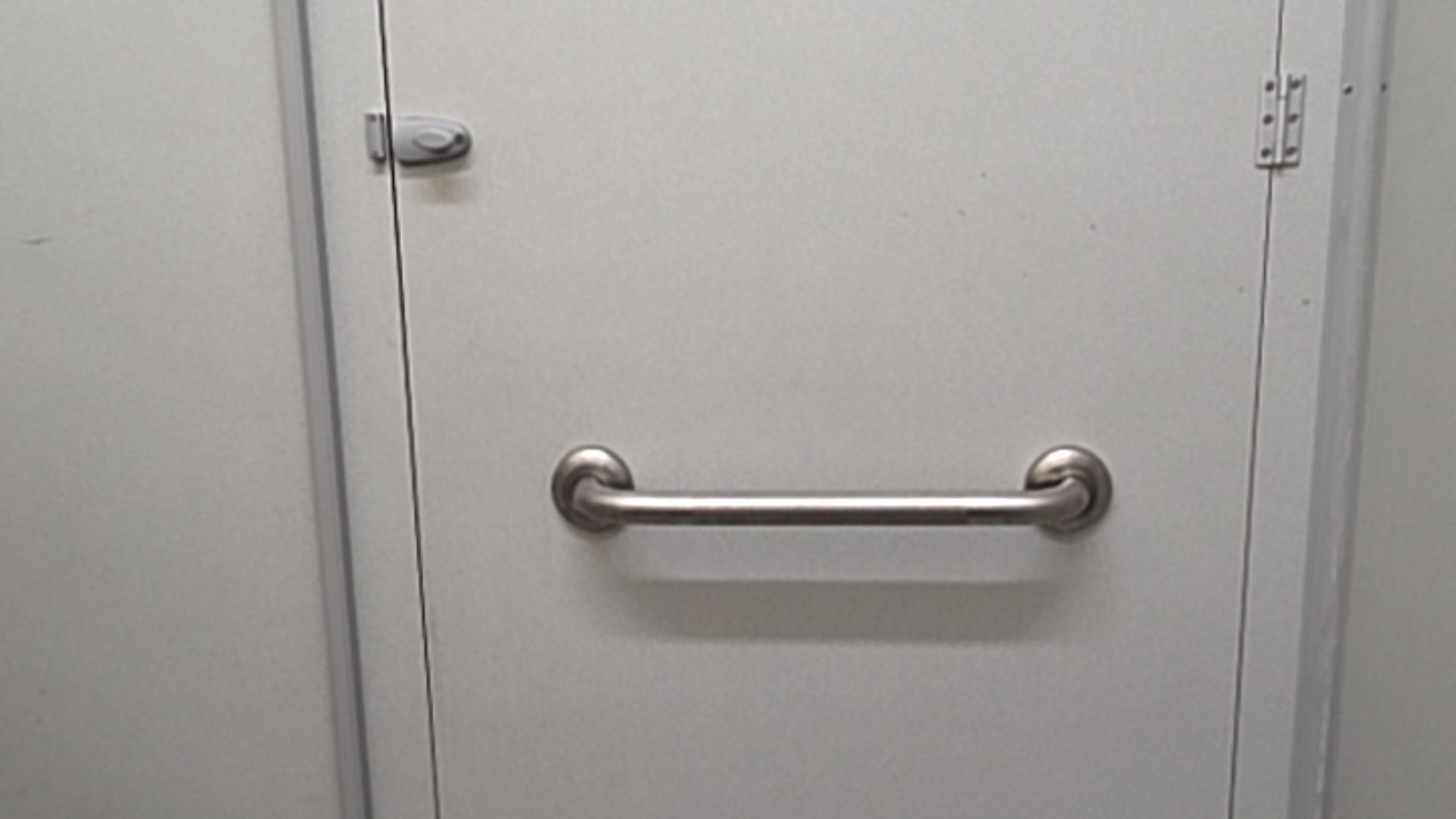 Light grey door with a horizontal stainless steel grab rail in the centre. A silver slide latch is on the upper left, with a visible hinge on the right. Smooth, level surface.