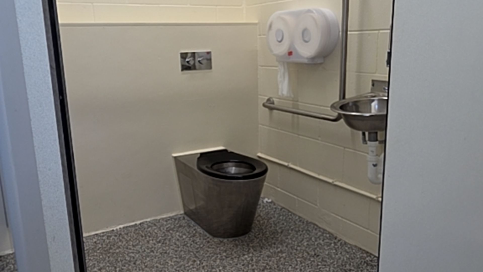Stainless steel toilet with black seat and dual flush buttons. Horizontal grab rail on light-coloured brick walls beside a small stainless steel sink. Grey speckled non-slip floor surface.