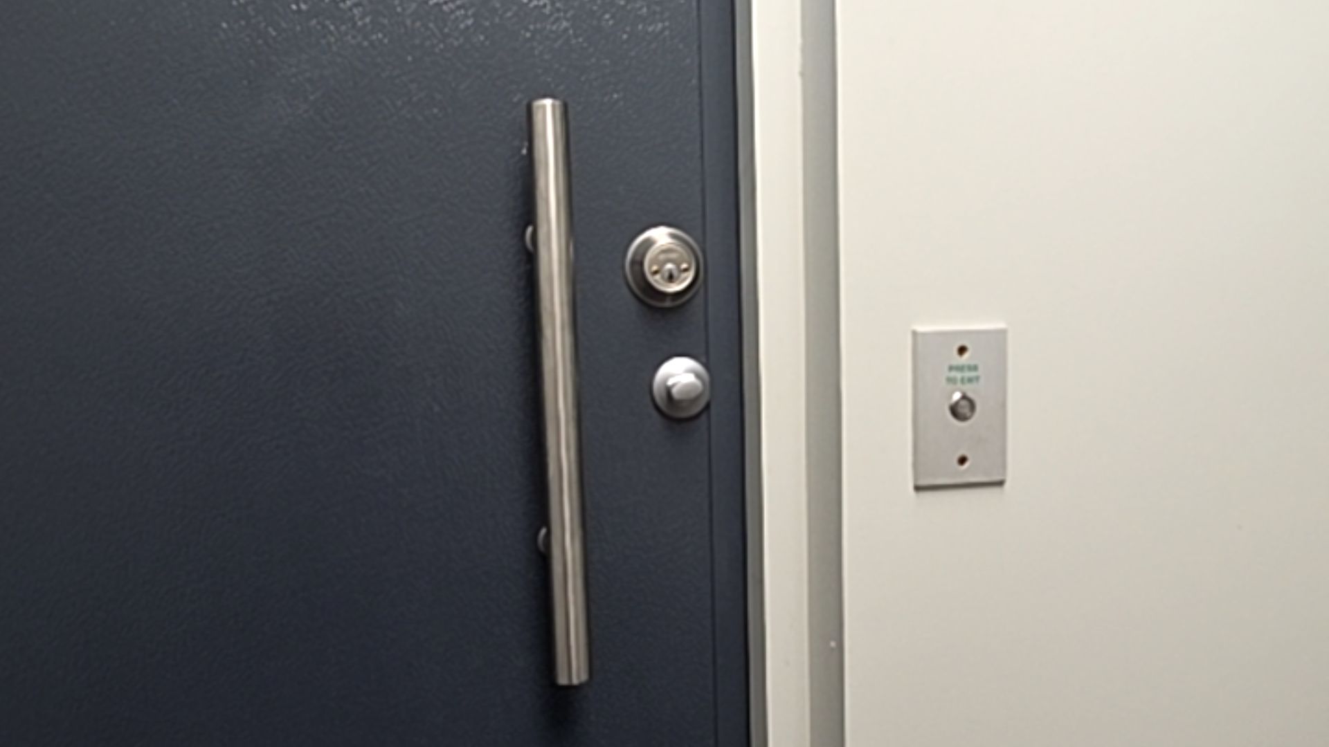 Dark grey door with long vertical silver pull handle. Adjacent white wall features a silver rectangular plate with a 'Press to Exit' button and green text.