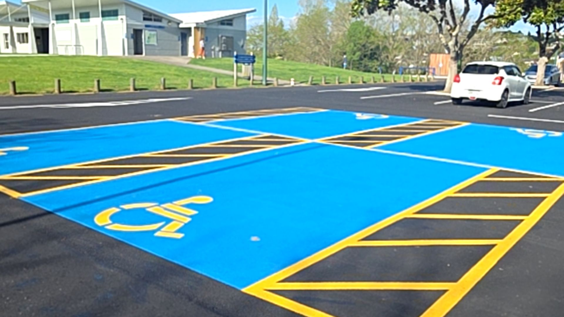 Two blue accessible parking bays with yellow wheelchair symbols and hatched access zones on level asphalt. A white building and green parkland are in the background.