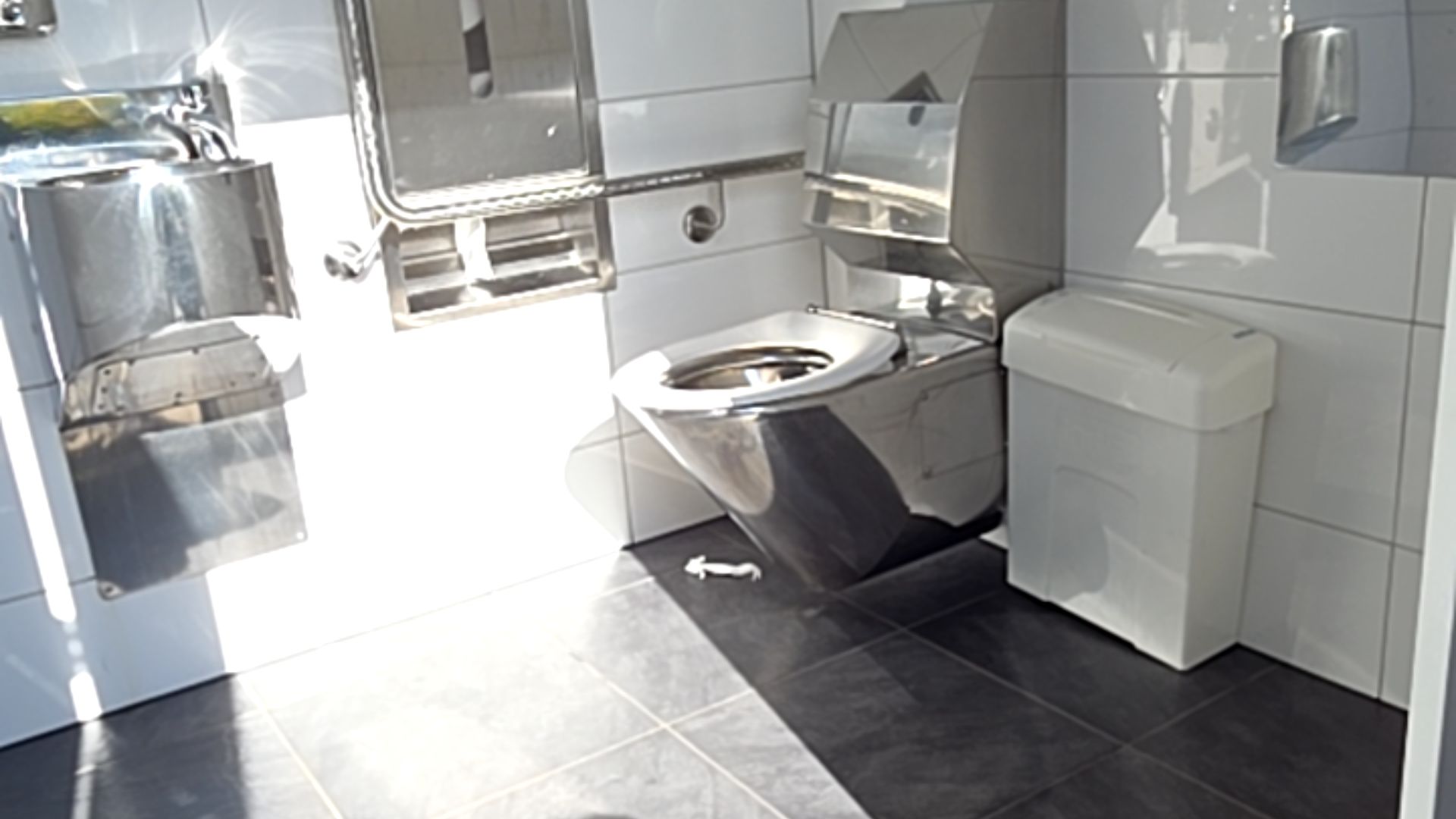 Wall-hung stainless steel toilet with white seat and horizontal grab bars. Level dark grey tiled floor, white tiled walls, integrated stainless steel basin, and white lidded bin.