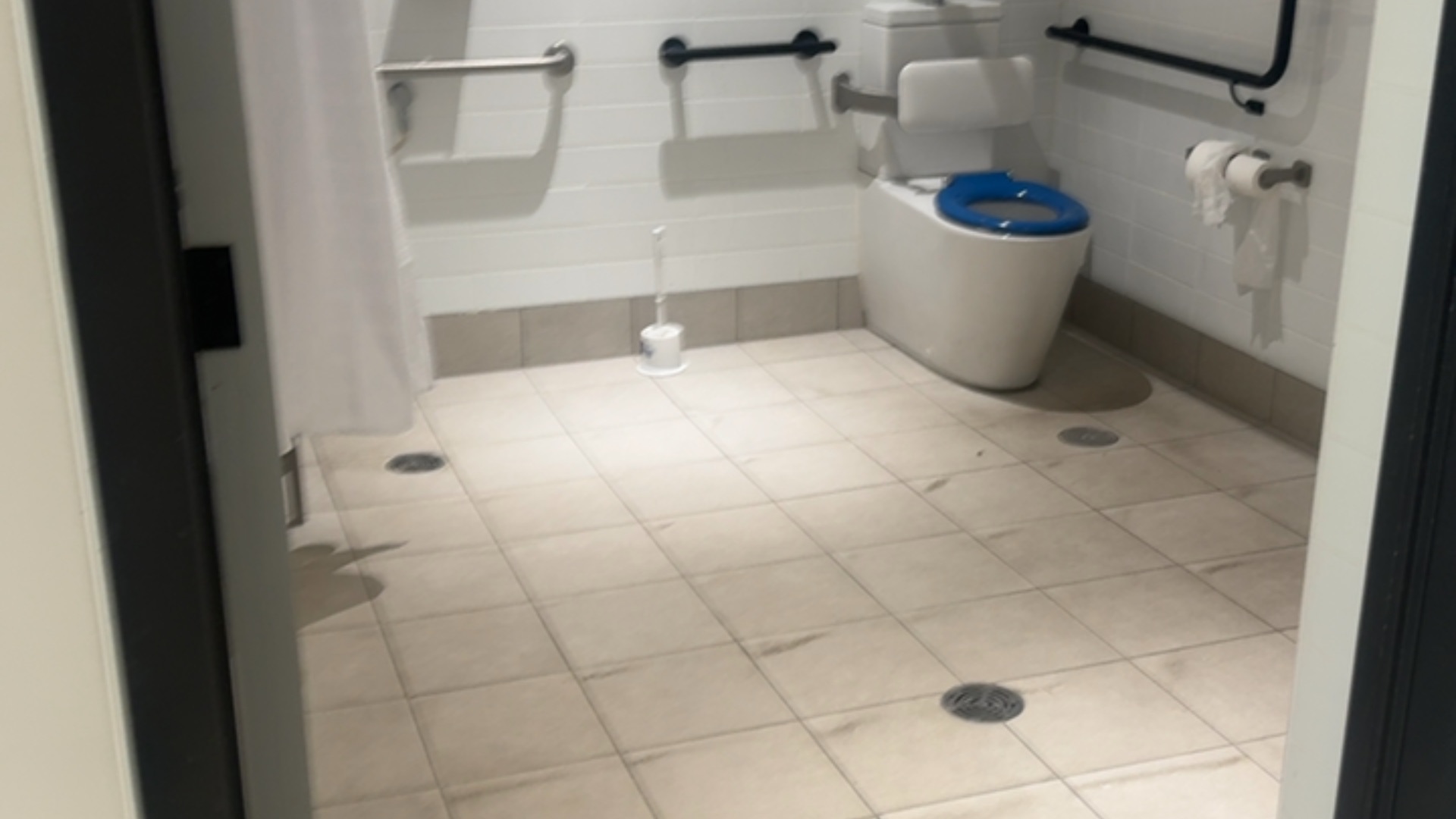 Level cream tiled floor with floor drains. White toilet with blue seat, backrest, and black grab rails. Roll-in shower area with white curtain and silver grab rail.