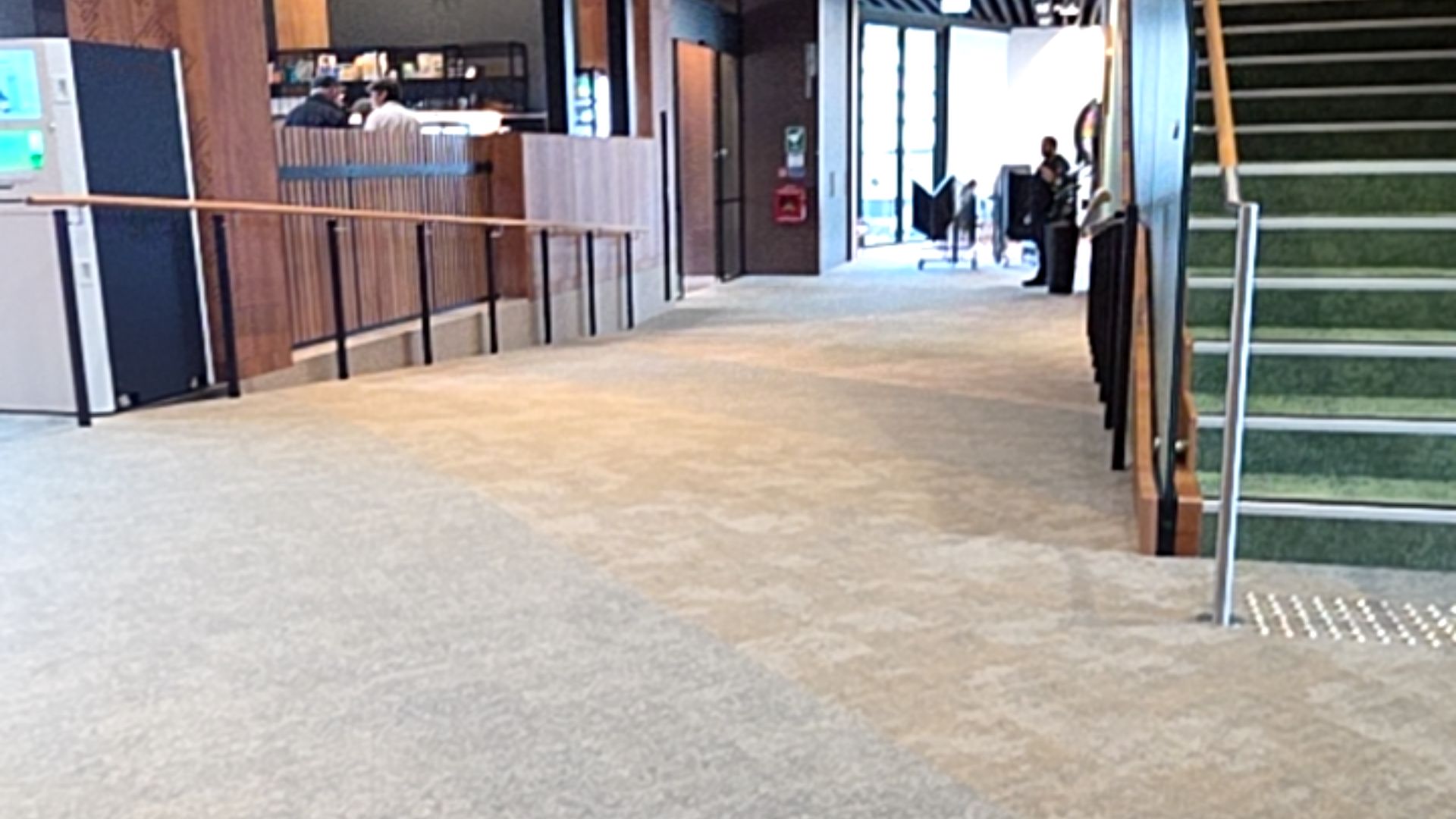 Wide carpeted pathway with a gentle ramp and wooden handrail on the left. Green carpeted stairs with metal handrails and tactile indicators on the right. Brightly lit by large windows ahead.