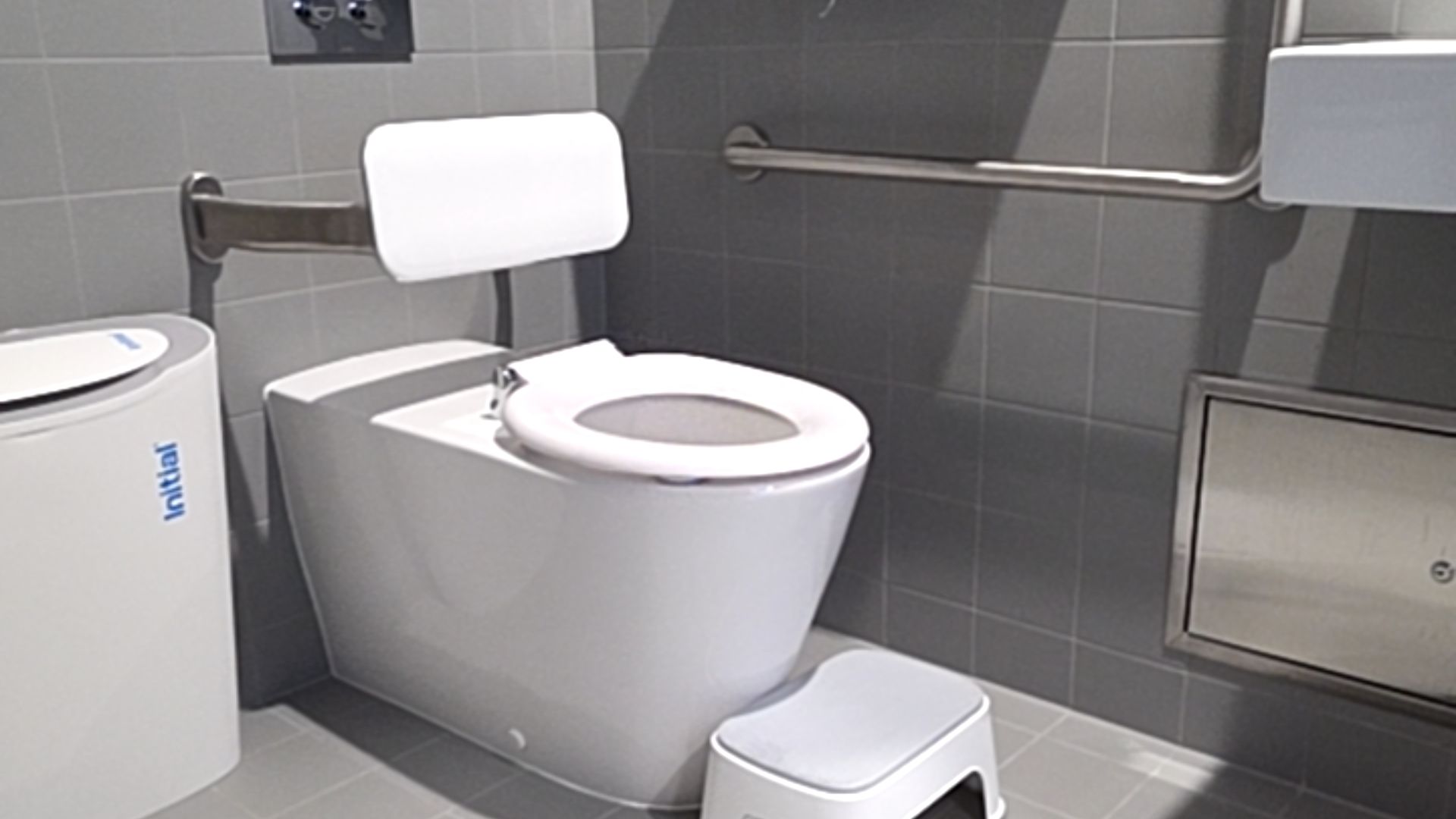 White toilet with backrest and stainless steel grab bars on rear and side walls. Small white step stool on grey tiled floor. Flush buttons on rear wall and sanitary bin to the left.