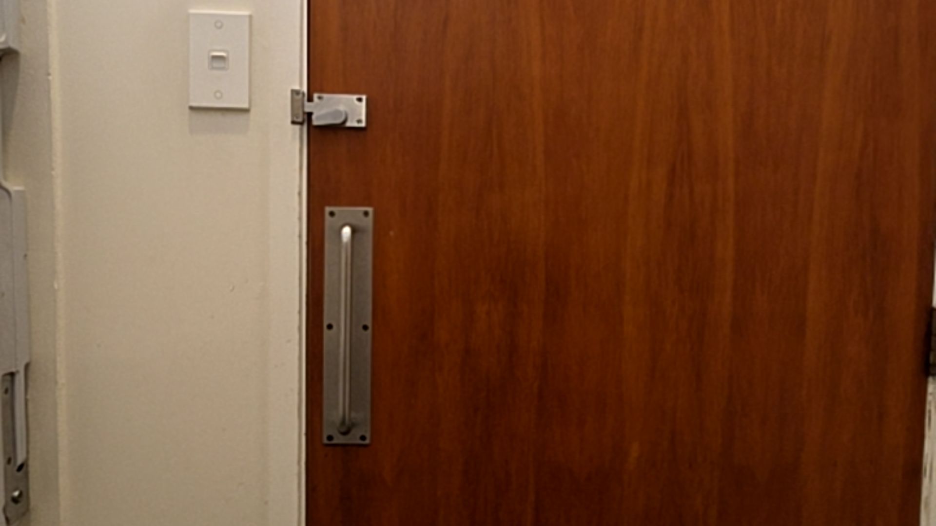 Brown timber door with a silver metal vertical pull handle and a latch lock. A single white light switch is positioned on the adjacent white wall.