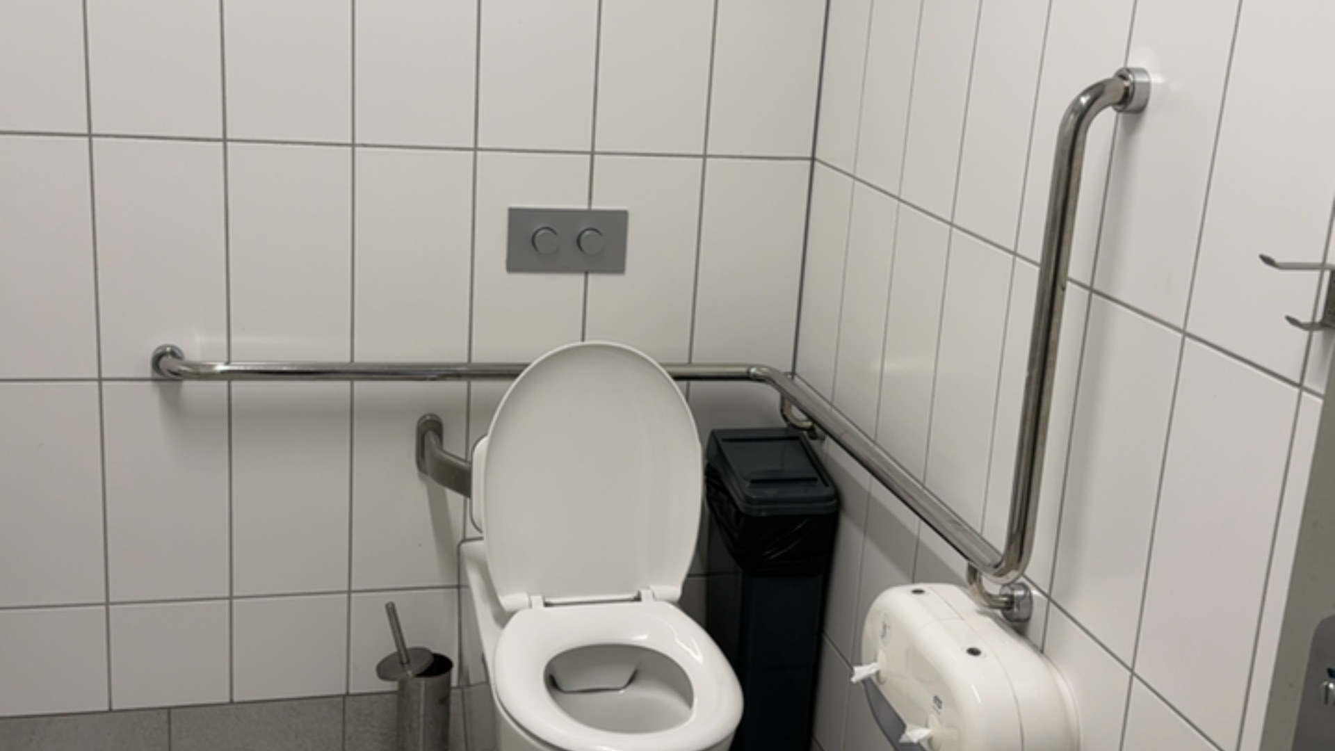 White toilet with stainless steel grab rails on back and side walls. Features white tiled walls, level grey floor, black bin, and wall-mounted toilet paper dispenser.