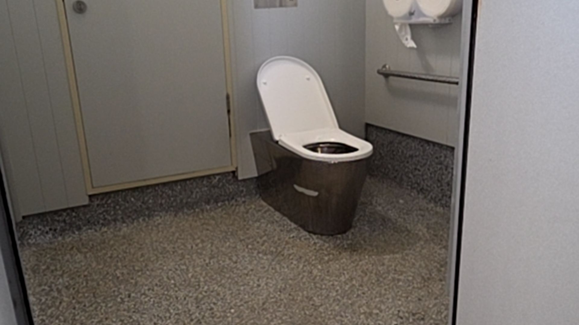 Stainless steel toilet with open white seat and lid. Horizontal metal grab rail on right wall. Grey speckled non-slip floor surface and light grey walls.