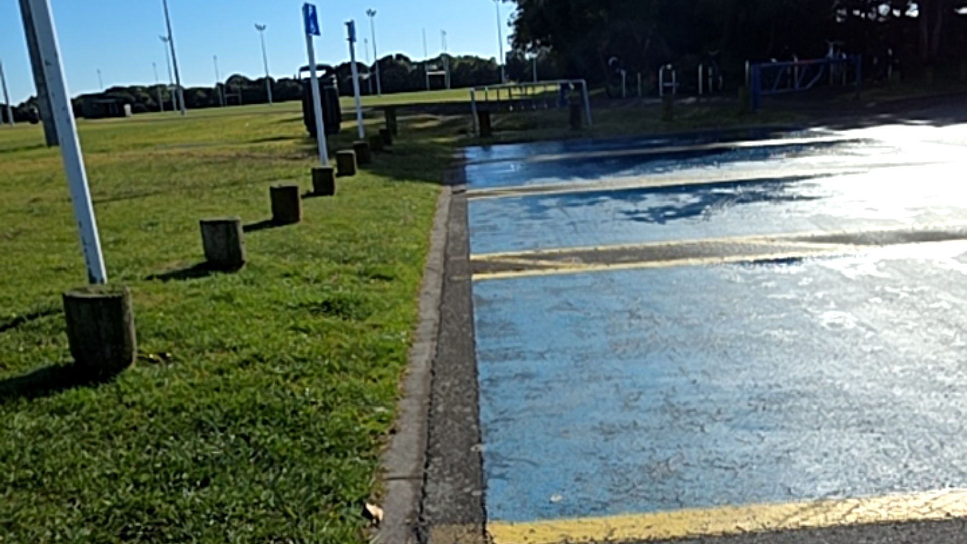 Level blue-painted parking area with yellow line markings. A row of low wooden bollards separates the pavement from a flat grassy field.