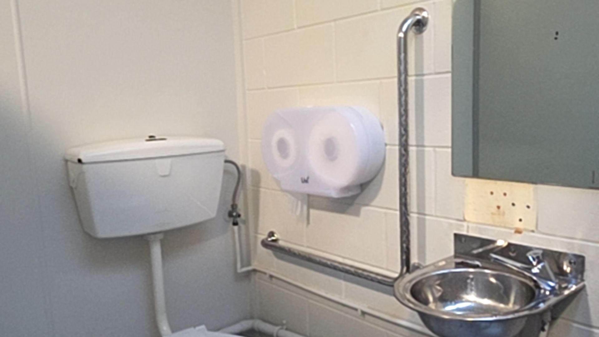 Toilet with horizontal and vertical stainless steel grab bars. A white dual toilet paper dispenser and compact stainless steel sink are mounted on white tiled walls.