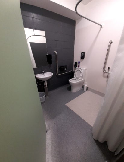 Accessible bathroom with basin, mirror, and toilet, all with grab bars. Includes a roll-in shower with white curtain. Walls are dark grey block and white. Features a speckled grey and light beige v...