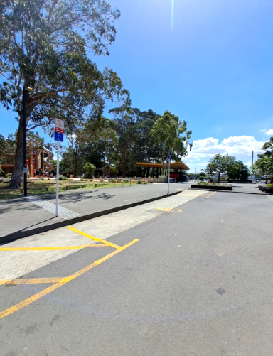 Accessible parking bay markings in yellow on a level asphalt surface, next to a paved pathway with tactile indicators. A sign shows 'No Standing', accessible parking, and shared path symbols. Trees...