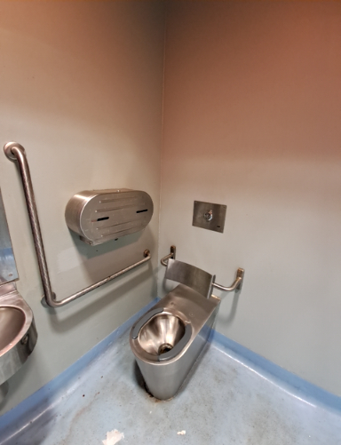 Stainless steel toilet with grey seat, integrated side grab bars. Additional stainless steel grab rail below a dispenser, and a vertical grab bar by a partially visible basin. Blue floor, light gre...