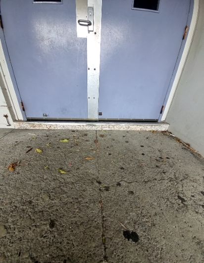 Light blue double doors with a silver security bar. A gently sloping, cracked concrete pathway leads up to a low, light-coloured door threshold. Scattered leaves and dark marks on the path.