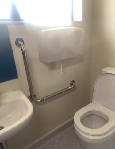 Bathroom with white toilet, basin, and two chrome grab bars on the light cream wall. A dual toilet roll dispenser is between them. Grey patterned floor.