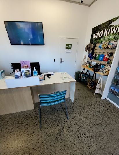 Reception area with level, dark polished concrete floor. A standard-height light wooden desk with a striped chair is on the left. A white door with a handle and 'Wild Kiwi' logo is on the back wall...