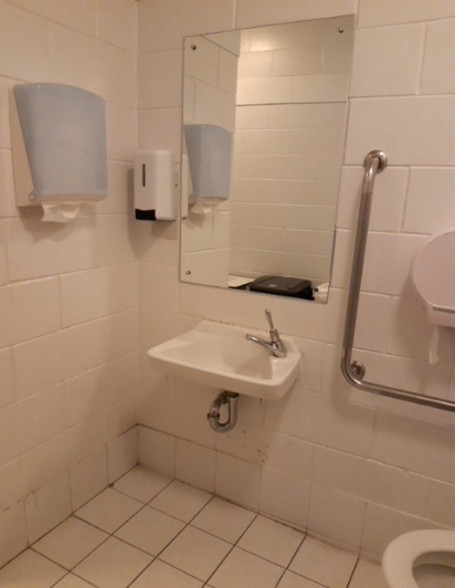 White wall-mounted basin with single-lever tap. L-shaped stainless steel grab rail next to toilet. White tiled walls and level floor. Mirror, paper towel, soap and toilet roll dispensers.