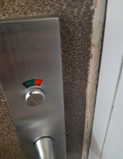 Brushed metal door lock plate with curved handle. Indicator window shows green and red sections. A slotted emergency release screw sits below the indicator.